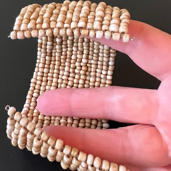 Handmade Beaded Bohemian Stacked Open Cuff Bracelet in Neutral Beige Shades ~ 2” - Picture 5 of 7